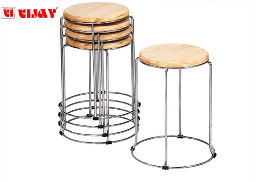 stackable chrome metal stool with pinewood top (multipurpose)